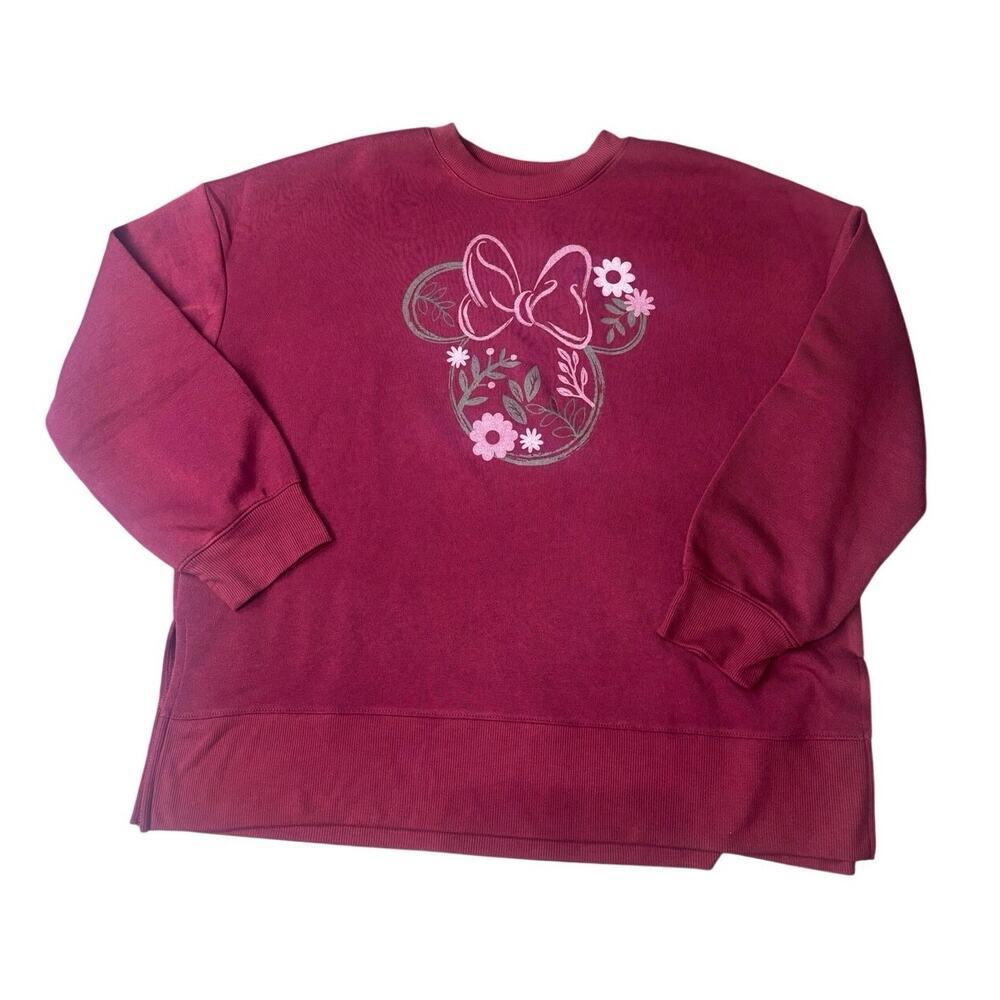 Disney Minnie Mouse Floral Sweatshirt Women’s L Burgundy Crewneck Pullover
